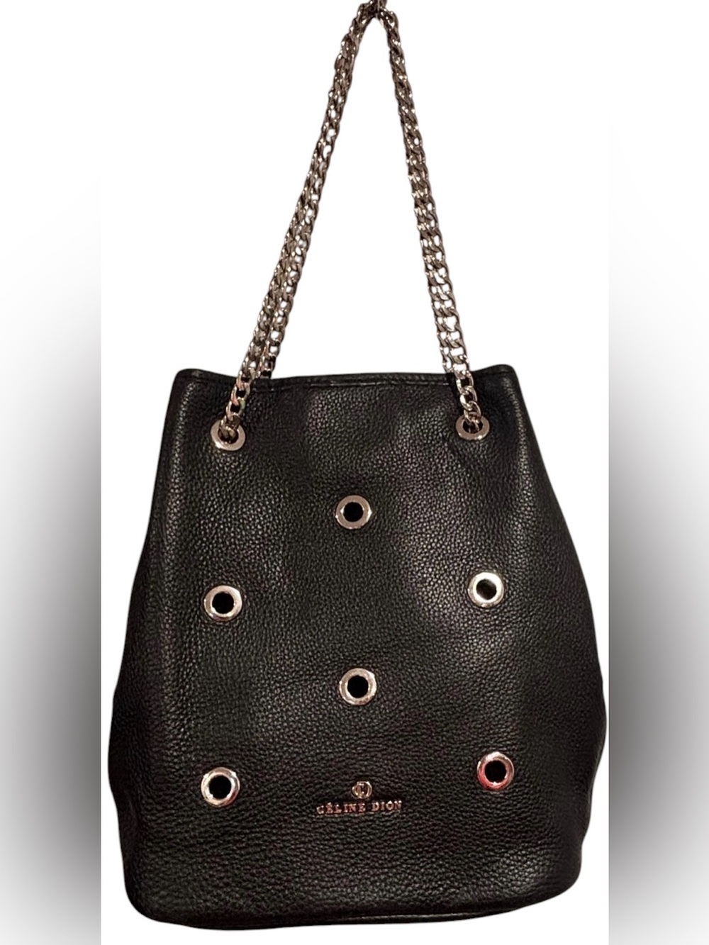 Celine Dion Black Pebbled Bucket Tote Silver Chain Grommet Shoulder Bag